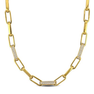 Cubic Zirconia Paperclip Link Necklace in 14k Yellow Gold